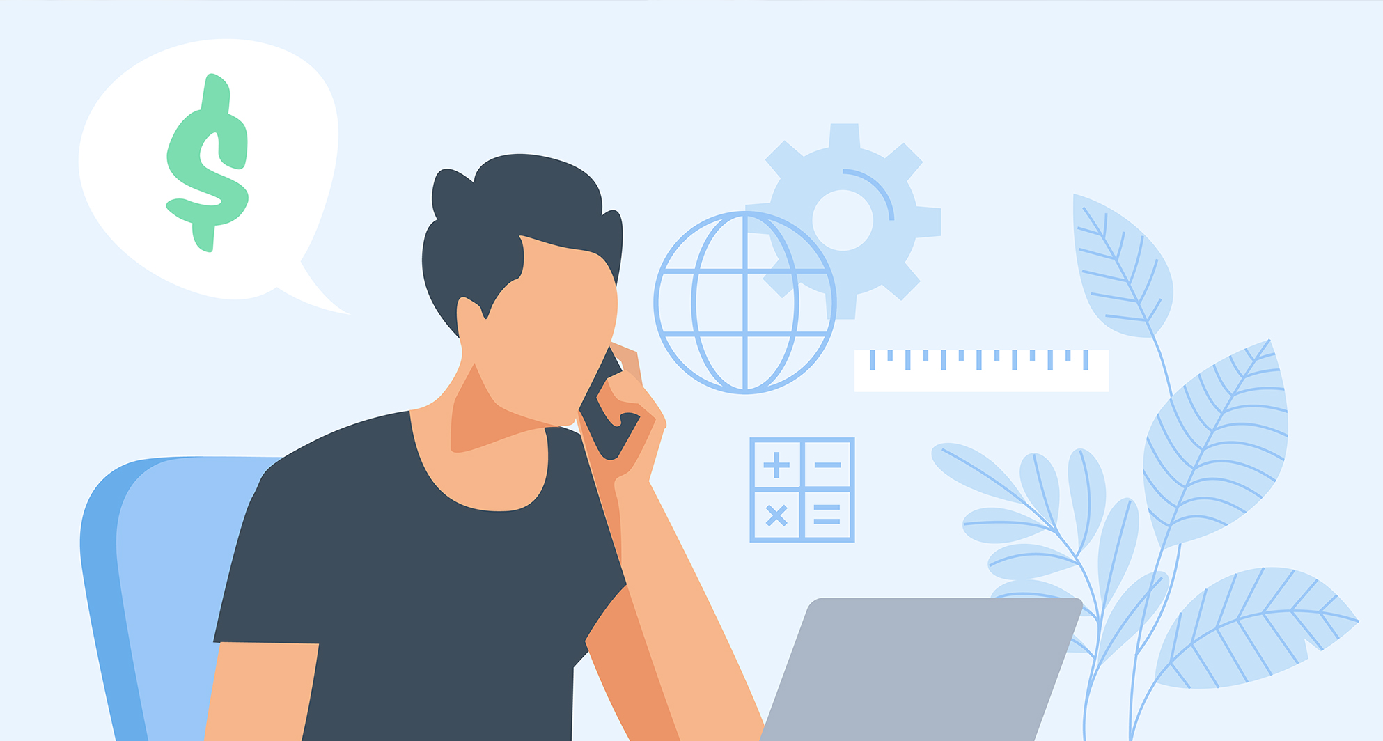 Vector illustration of a man discussing money on the phone while on his computer