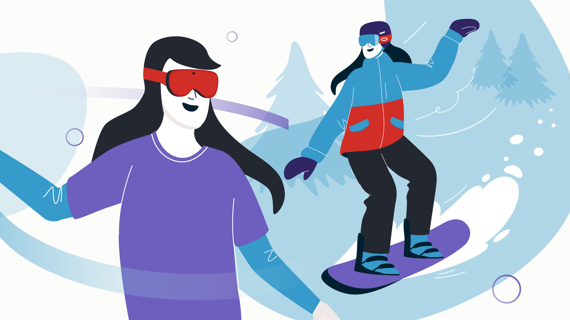 Comparaison entre une athlète en planche à neige et une personne utilisant un casque de réalité virtuelle (VR)