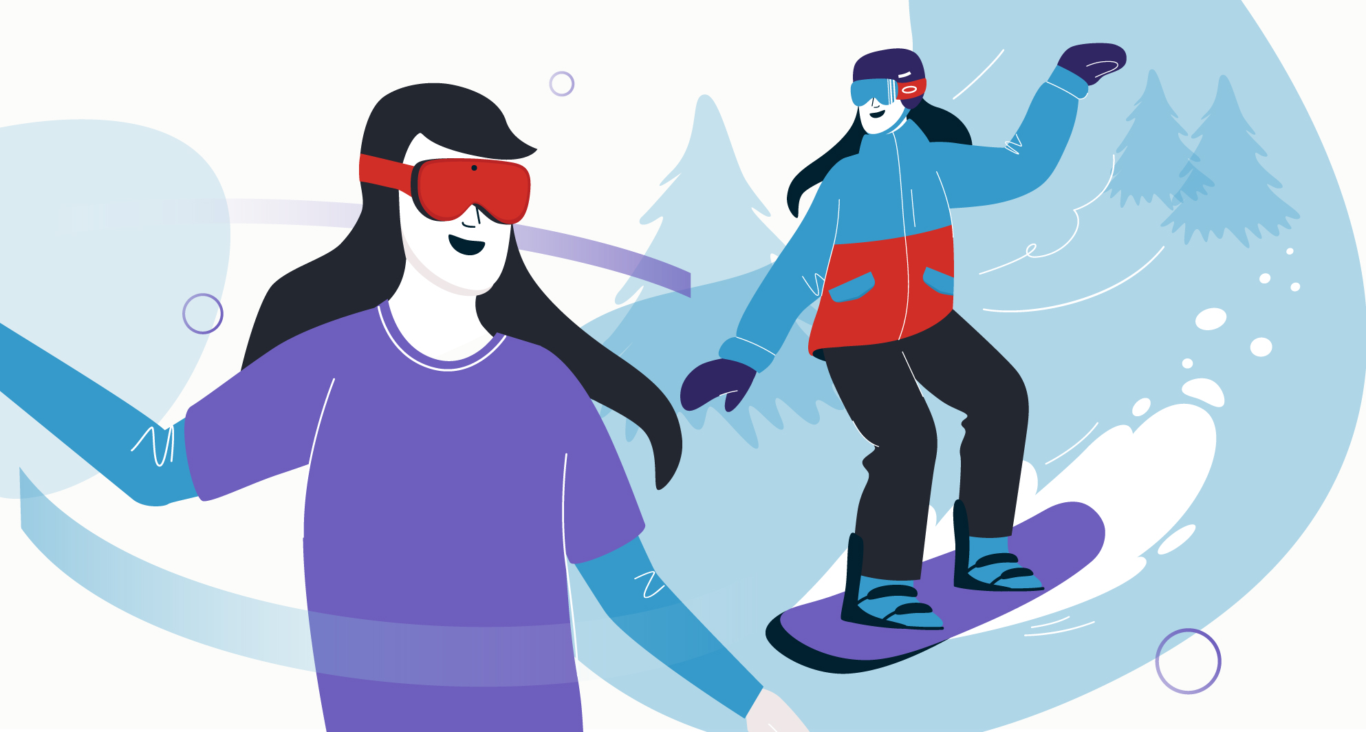 Comparaison entre une athlète en planche à neige et une personne utilisant un casque de réalité virtuelle (VR)