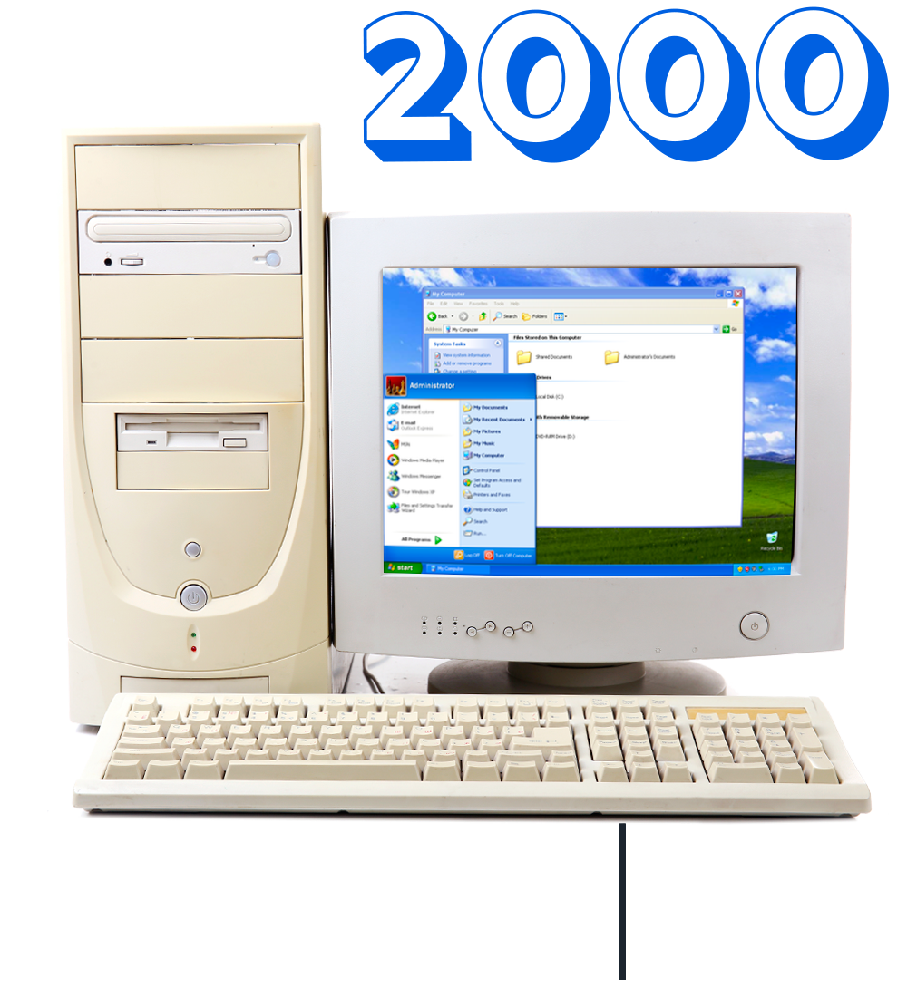 Montage d'un timbre de la Reine des années 2000s avec un ordinateur opérant sur Windows XP