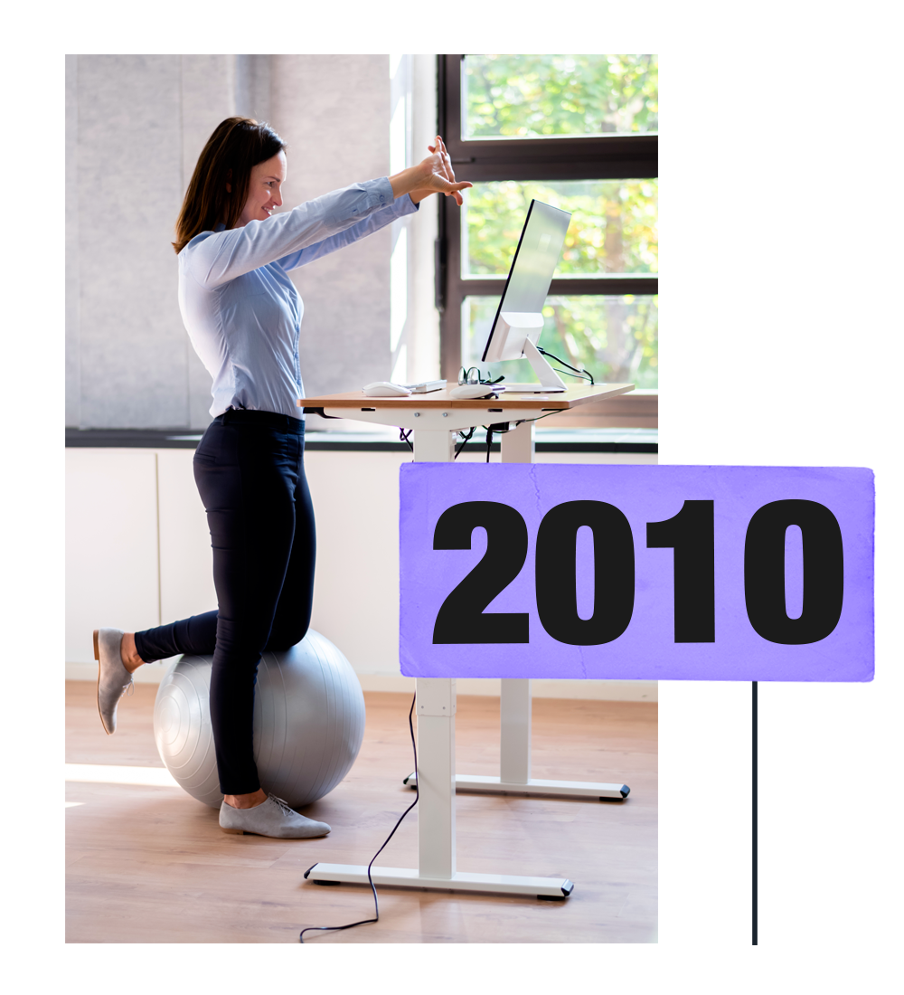 Collage of a Canadian Queen Stamp from 2010 alongside a picture of a woman at the office using a standing desk and an exercice ball for better ergonomy
