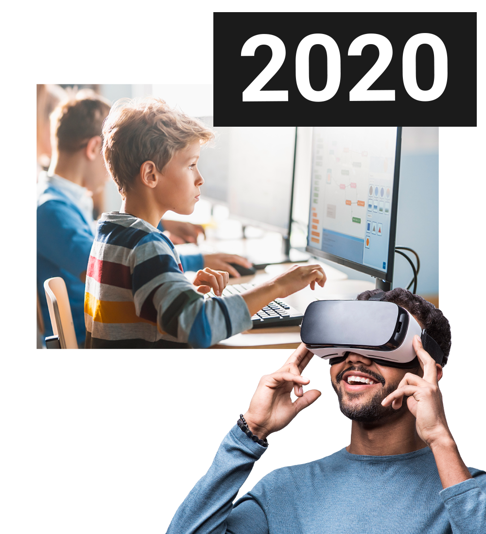 Montage d'un timbre de la Reine de 2022 avec un enfant qui apprend via un cours en ligne, ainsi qu'un homme utilisant des lunettes de réalité virtuelle