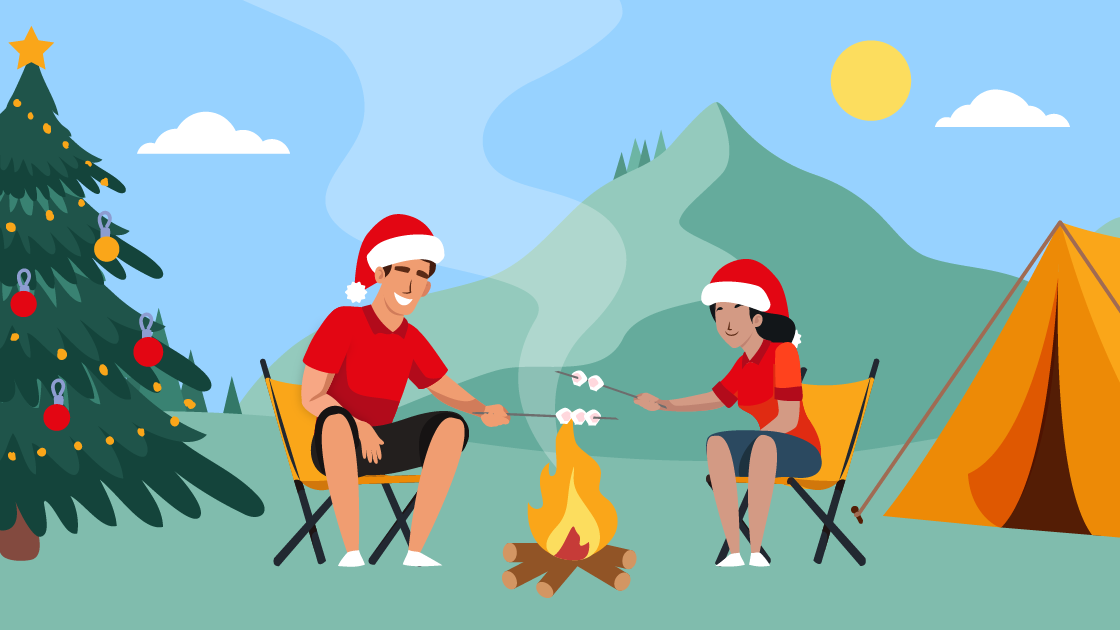 Vector illustration for the article Summer Christmas. A couple of happy camper wearing Santa hats are celebrating by roasting marshmallows by their tent.
