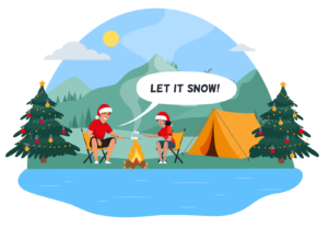 Vector illlustration for the Summer Christmas article. A couple wearing Santa hats are roasting marshmallow by the fire next to their tents and two decorated Christmas trees.
