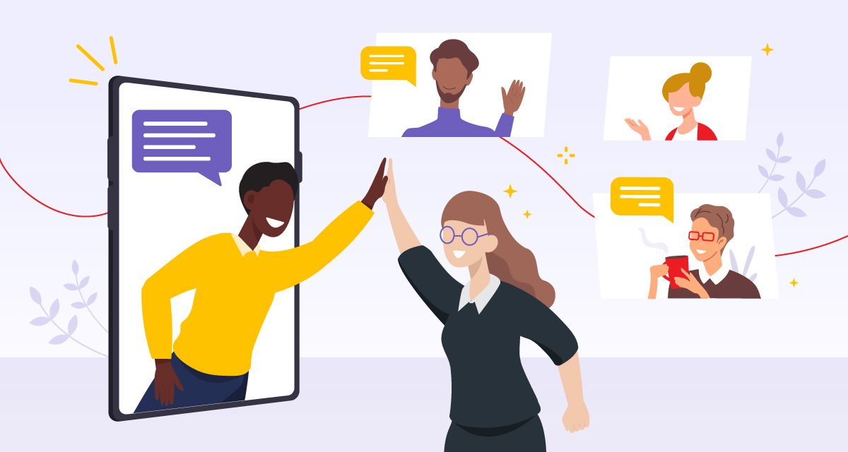Illustration vectorielle d'un groupe d'employés qui célèbrent leurs victoires à distance. Télétravail et bonheur