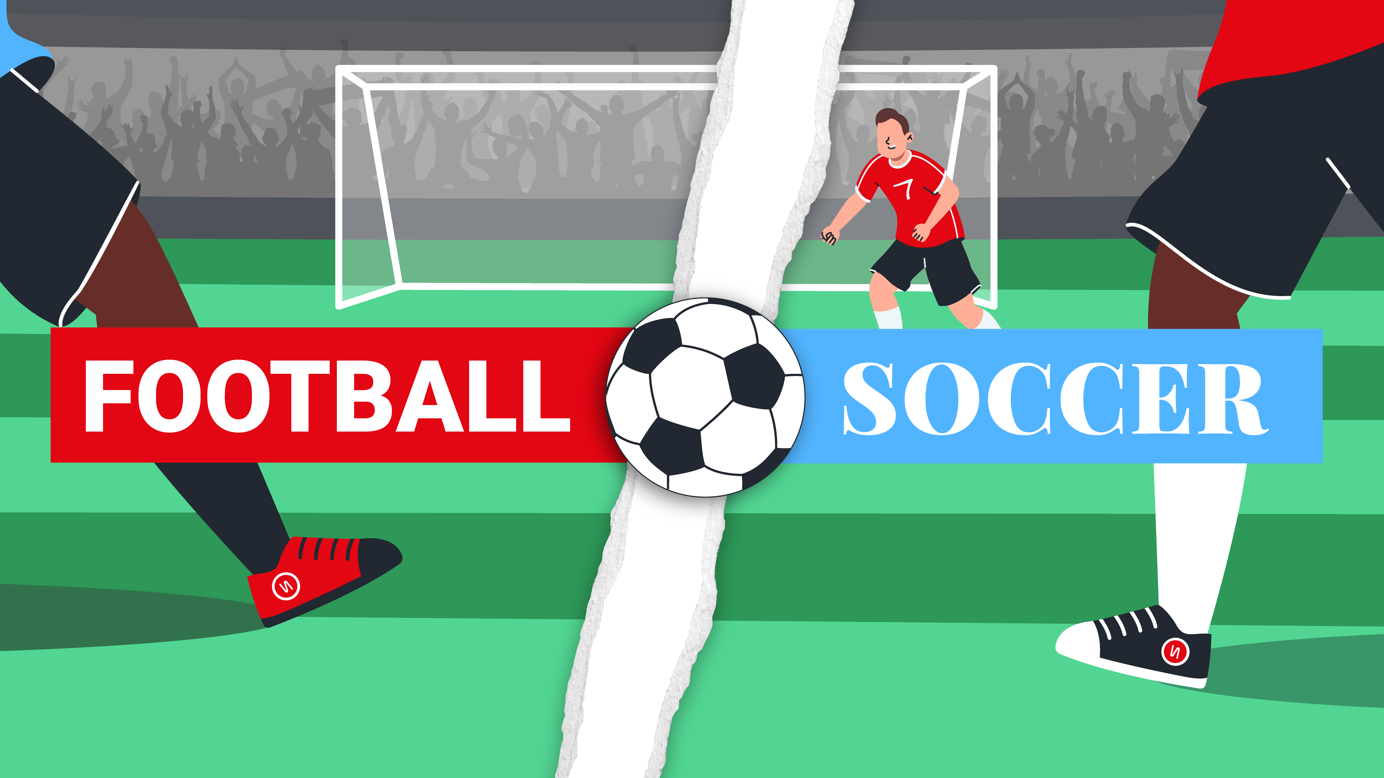 Illustration opposing on one side the word Football and on the other, Soccer.