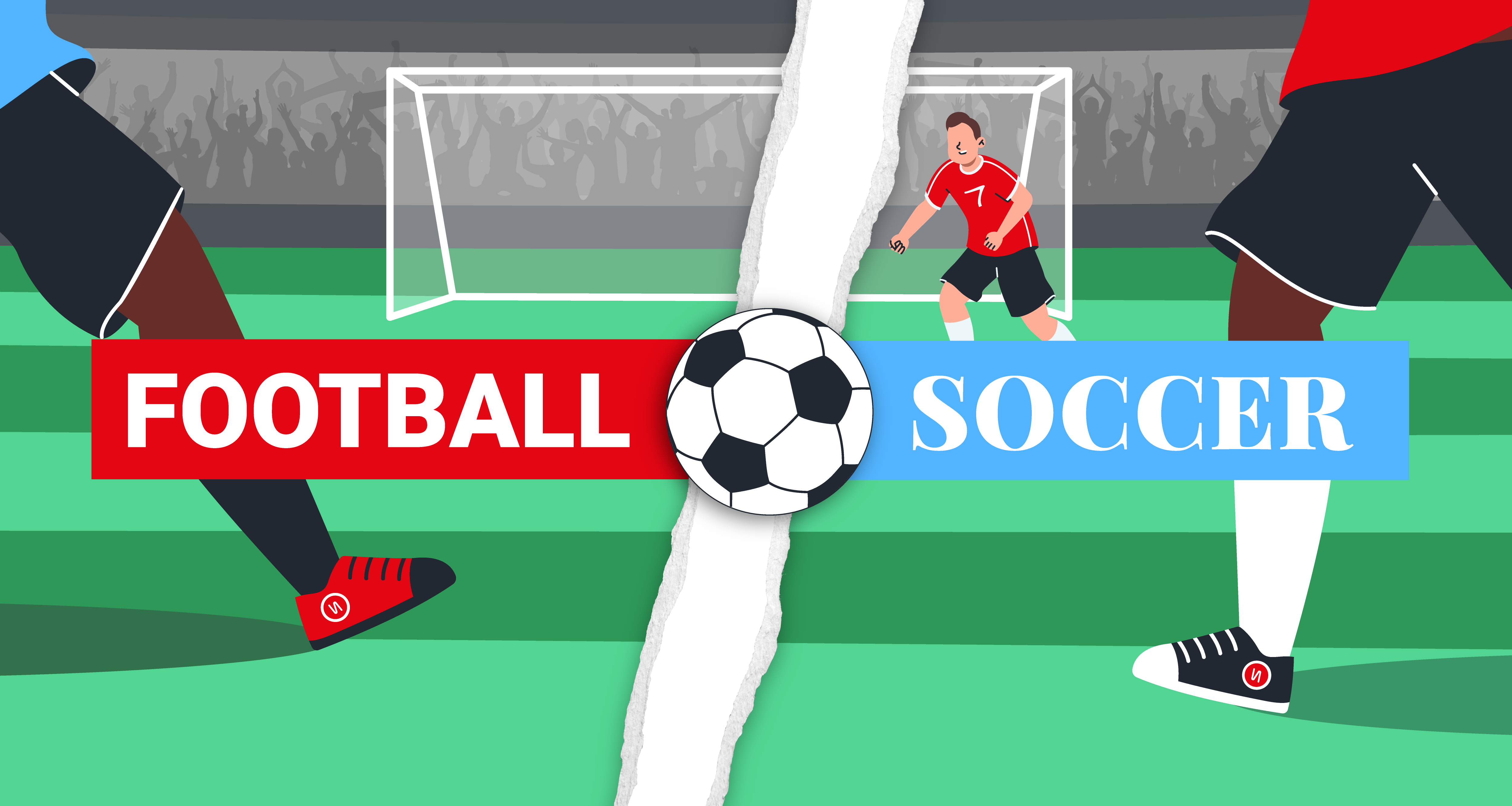 Illustration opposant d'un côté le mot Football et Soccer à droite.