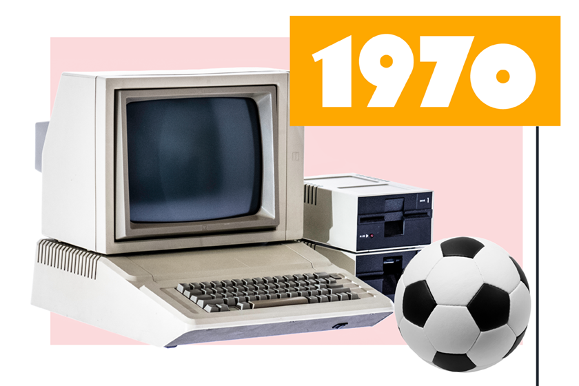Vector illustration of a soccer ball and a computer for the 1970s