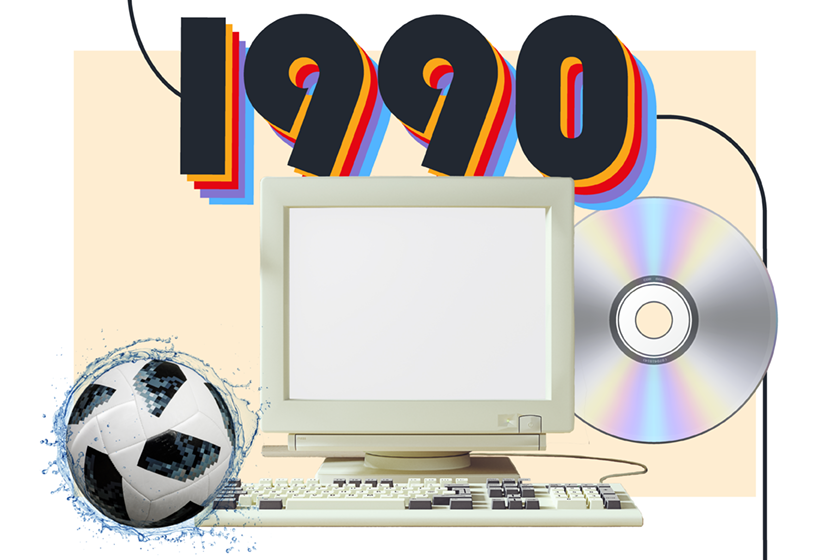 Illustration d'un ballon de soccer et d'un ordinateur en 1990