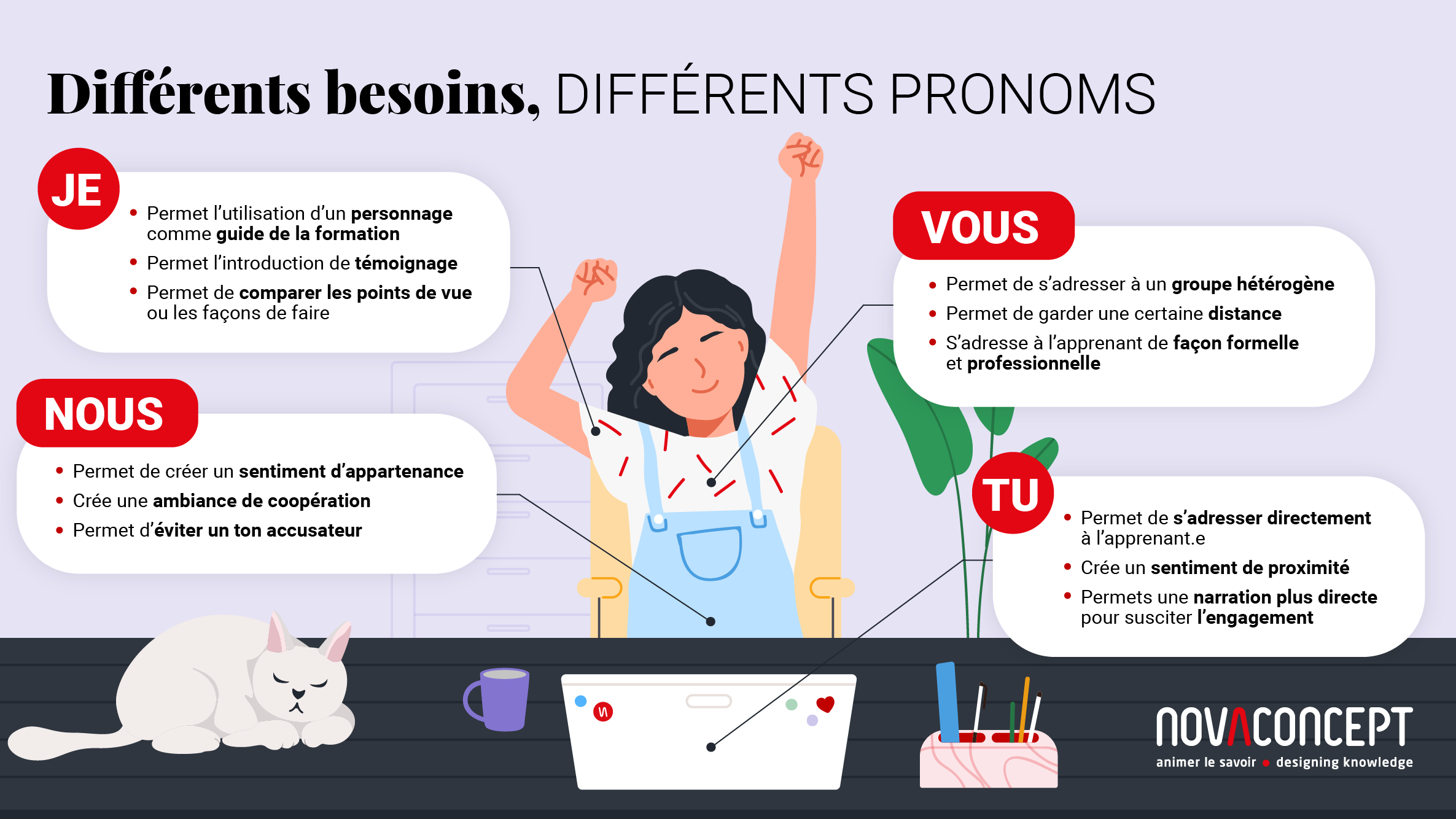 Infographique sur l'utilisation des différents pronoms dans une formation en ligne
