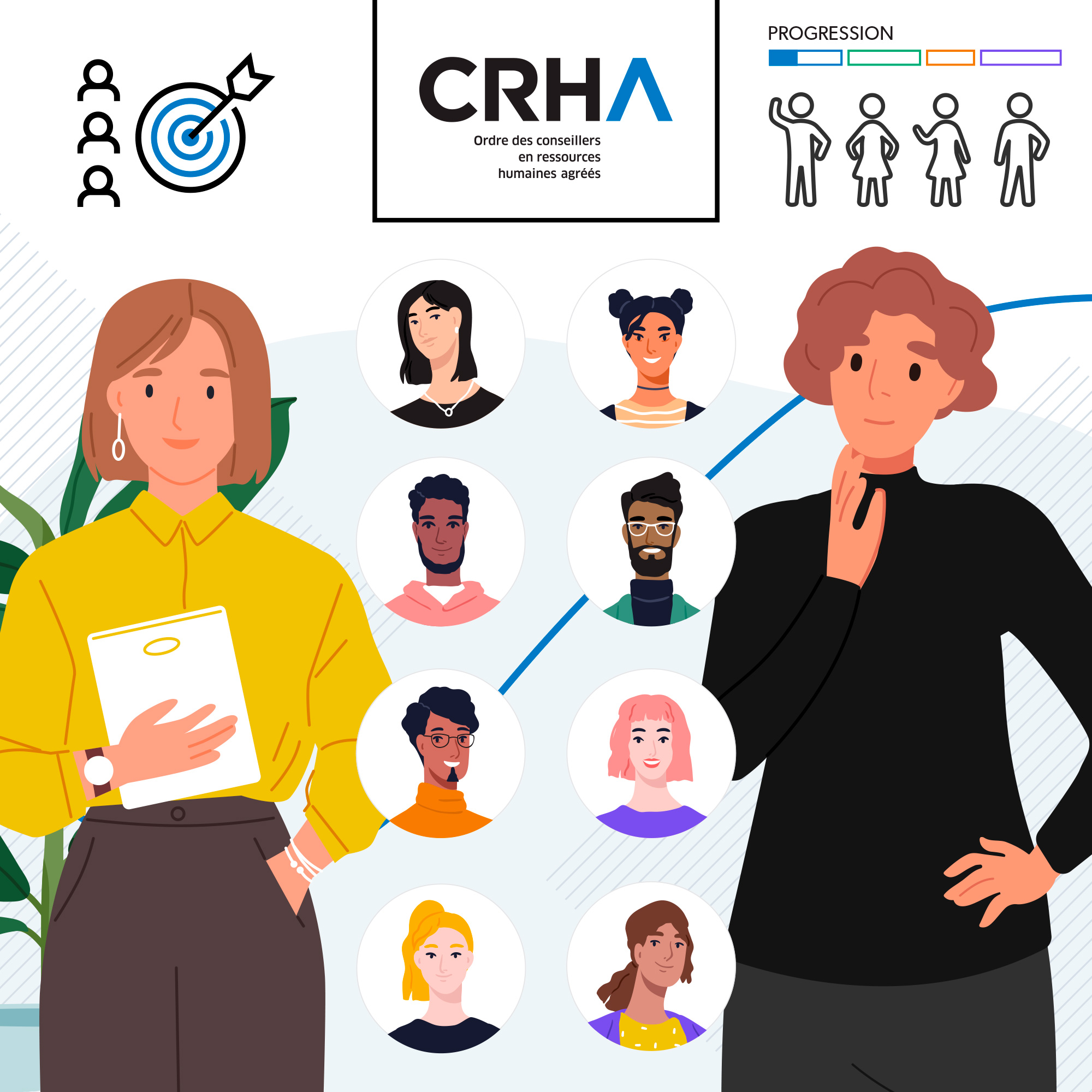 Aperçu du projet CRHA - Équité, diversité et inclusion. Échantillon des illustrations de personnages en style vectoriel.
