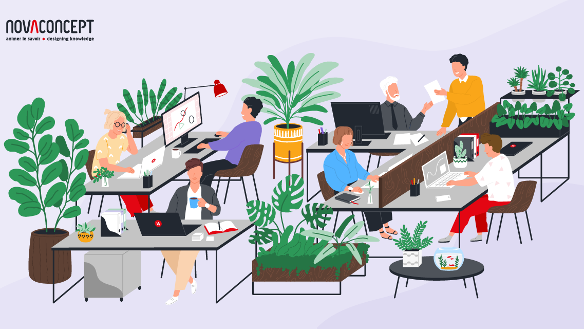Illustration vectorielle d'un espace de travail bien fourni en plantes vertes, où une demi-douzaine de collègues collaborent dans la bonne humeur