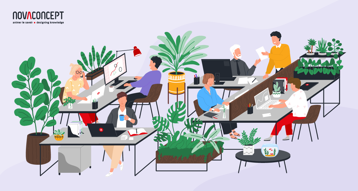 Illustration vectorielle d'un espace de travail bien fourni en plantes vertes, où une demi-douzaine de collègues collaborent dans la bonne humeur